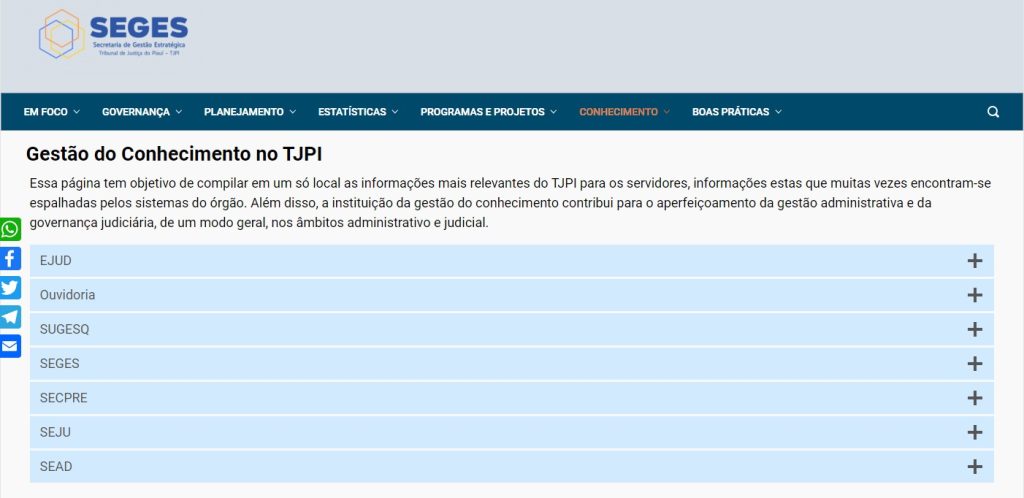 Na imagem: um "print" da tela da página virtual Gestão do Conhecimento, com um menu com pastas específicas para cada órgãos do TJPI.