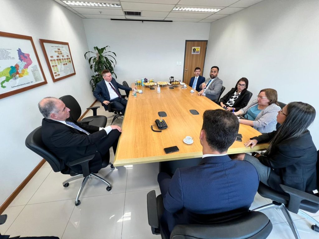 Na imagem: uma comprida mesa marrom rodeada das pessoas presentes na reunião. 