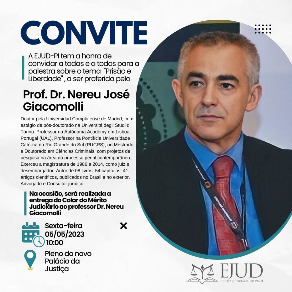 Na imagem: banner apresentando do Dr. Nereu José Giacomolli, com informações dos horários e local.